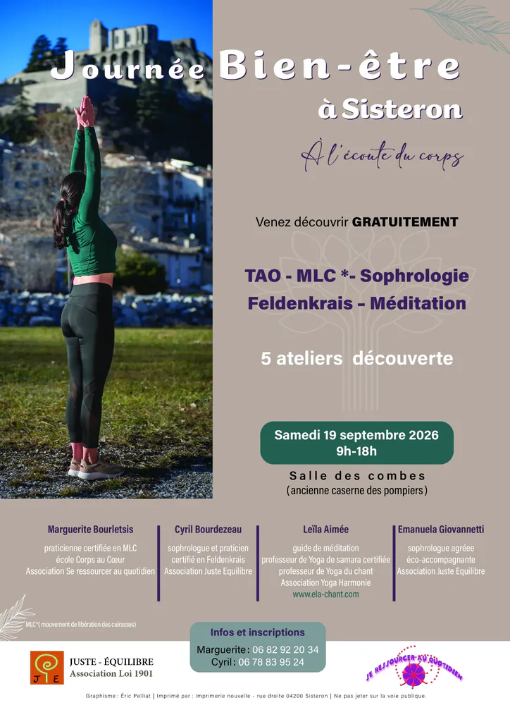 Affiche de la journée bien-être à Sisteron : ateliers découverte, femme en posture de yoga