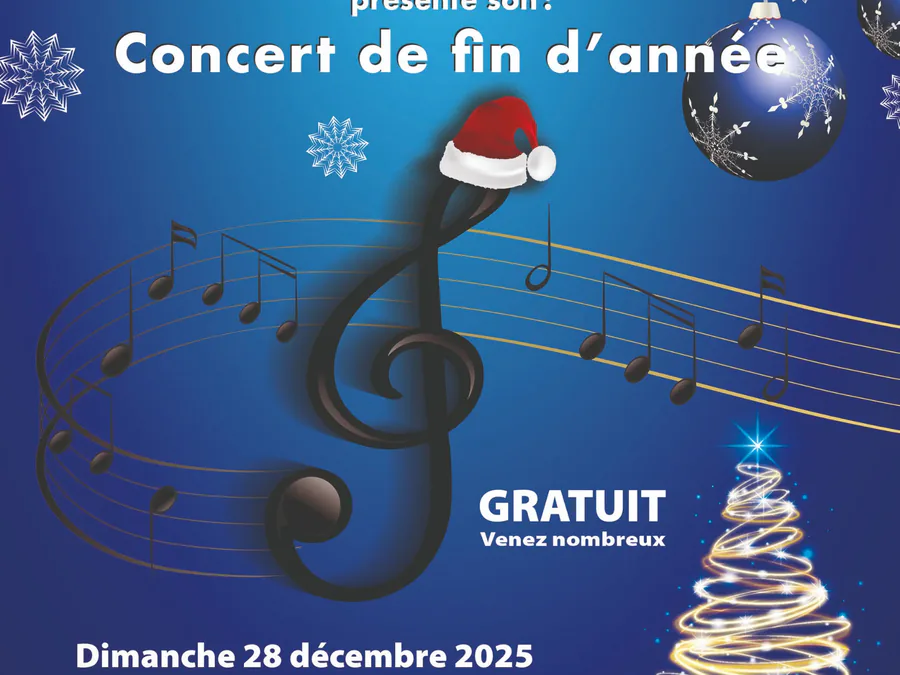 Affiche du concert de fin d’année de la Société musicale de Laragne, 28 décembre 2025, clé de sol et décor de Noël