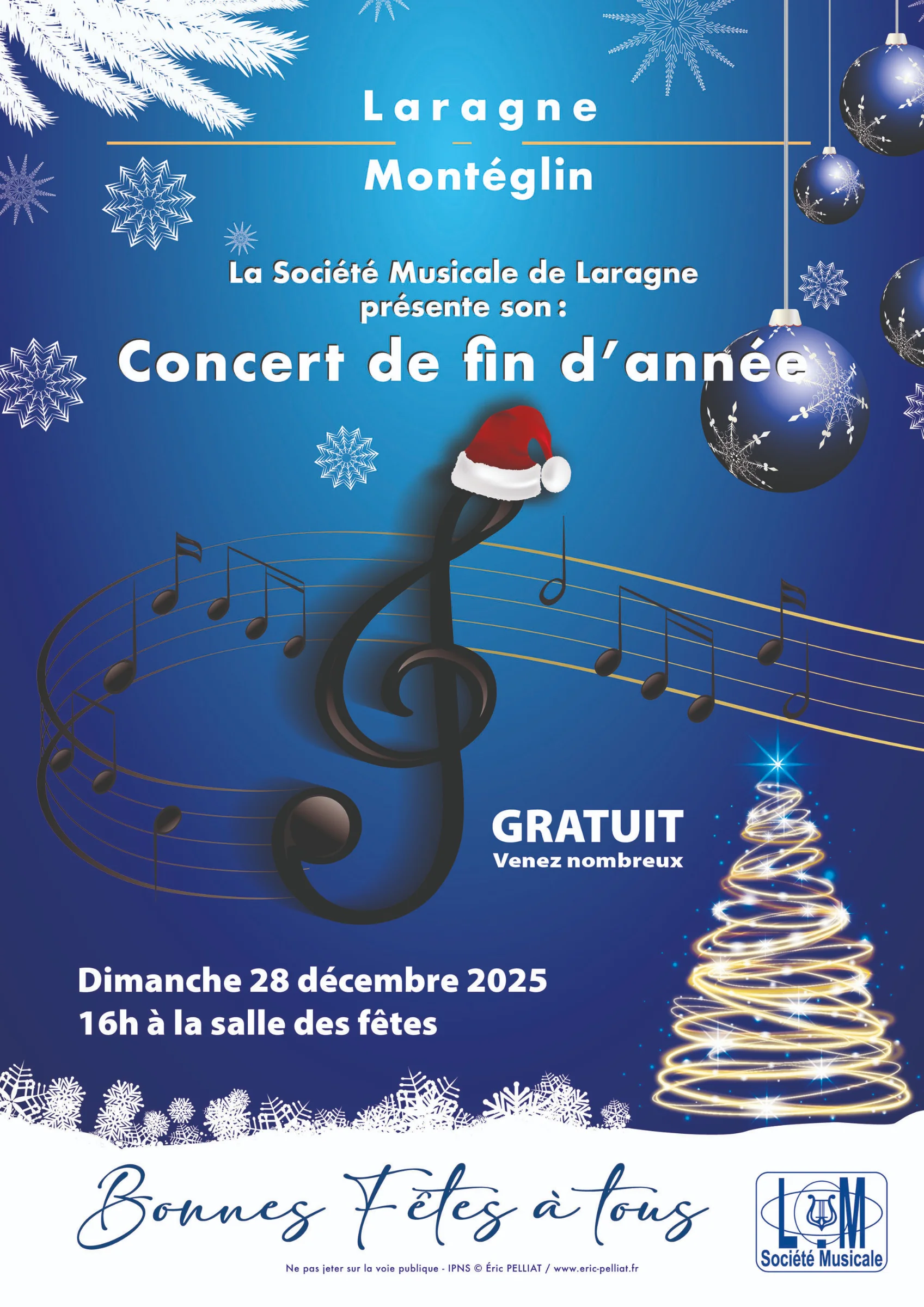 Affiche du concert de fin d’année de la Société musicale de Laragne, 28 décembre 2025, clé de sol et décor de Noël
