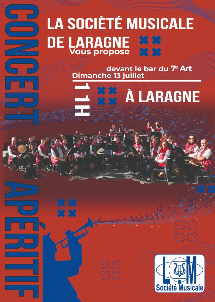 Affiche du concert apéritif de la Société musicale de Laragne, dimanche 13 juillet, sur fond rouge