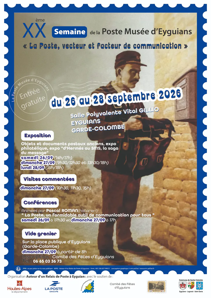 Affiche de la XXe semaine du Poste Musée d’Eyguians, du 26 au 28 septembre 2026, facteur ancien et timbre