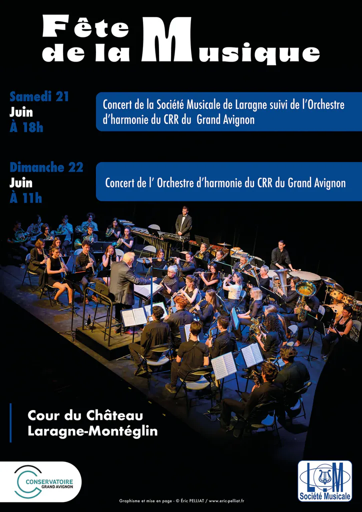 Affiche de la Fête de la musique à Laragne-Montéglin : orchestre d’harmonie dans la cour du château
