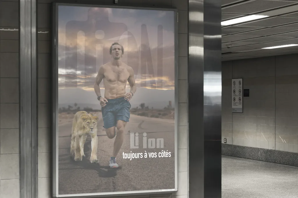 Affiche Li-ion « toujours à vos côtés » dans un couloir de métro
