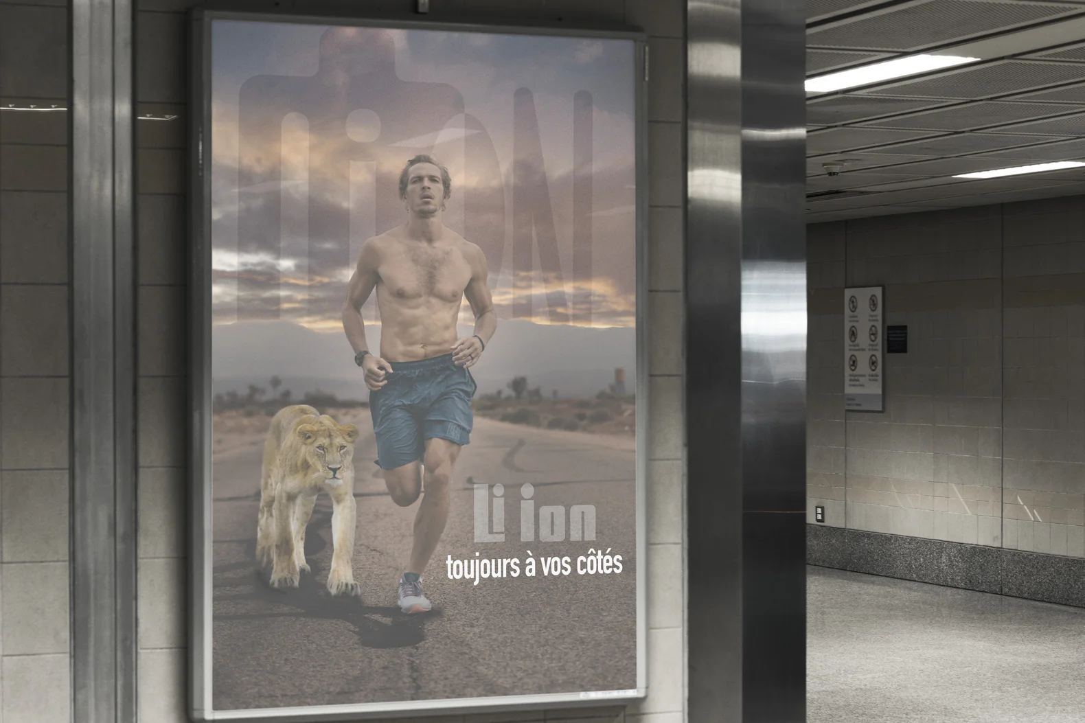 Affiche Li-ion « toujours à vos côtés » dans un couloir de métro