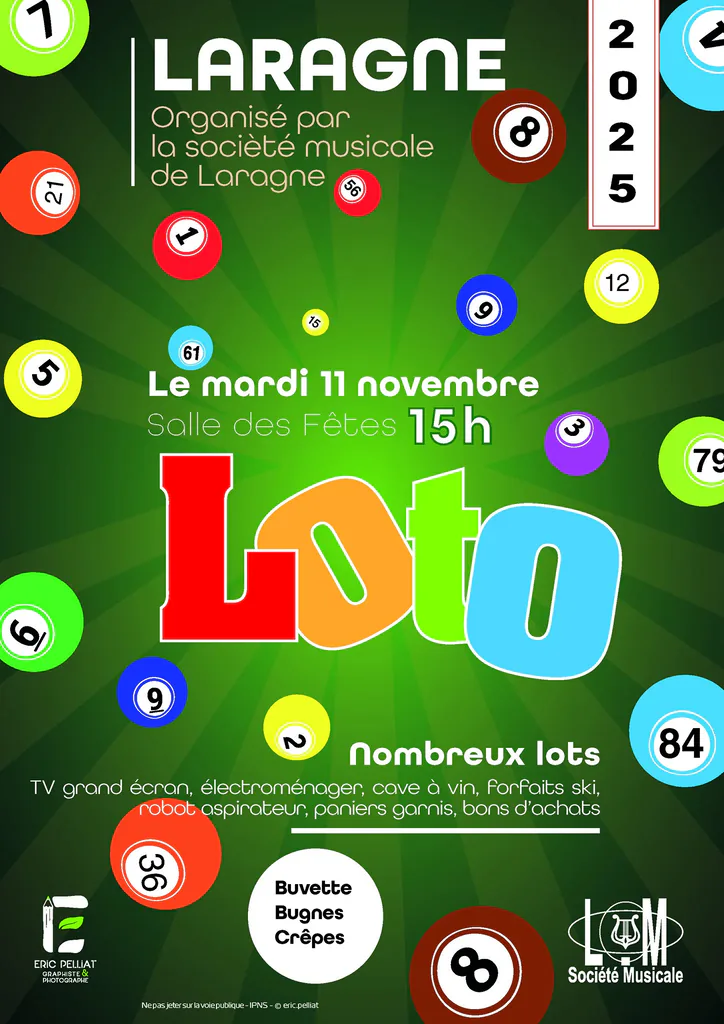 Affiche du loto 2025 de la Société musicale de Laragne, boules colorées sur fond vert