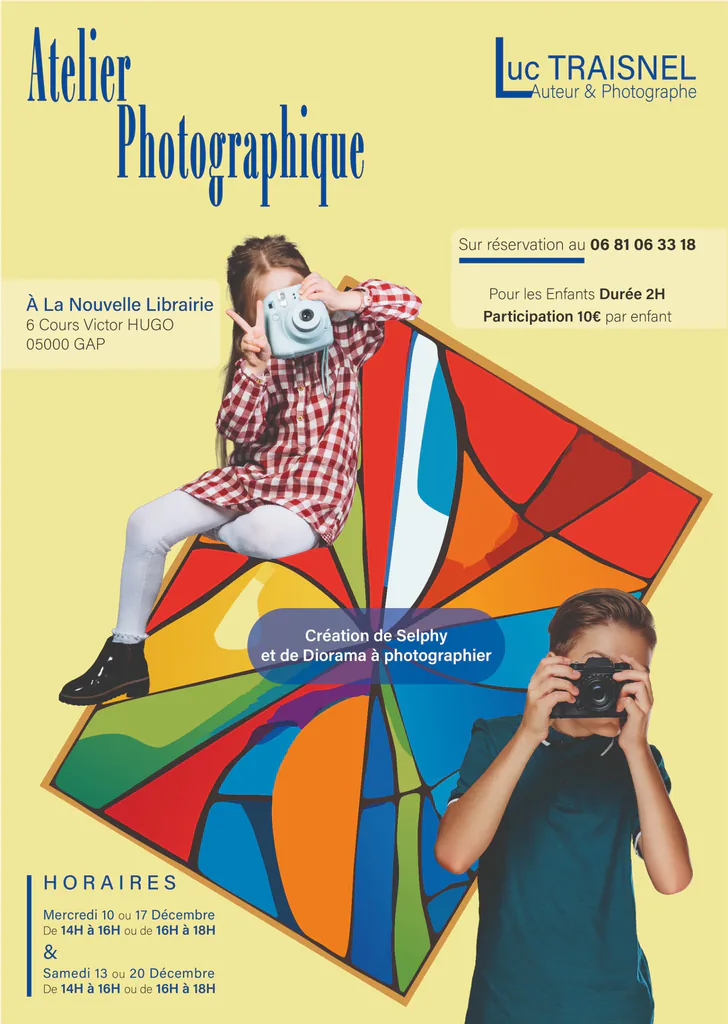 Affiche de l’atelier photographique de Luc Traisnel à Gap : enfants photographes et cerf-volant coloré
