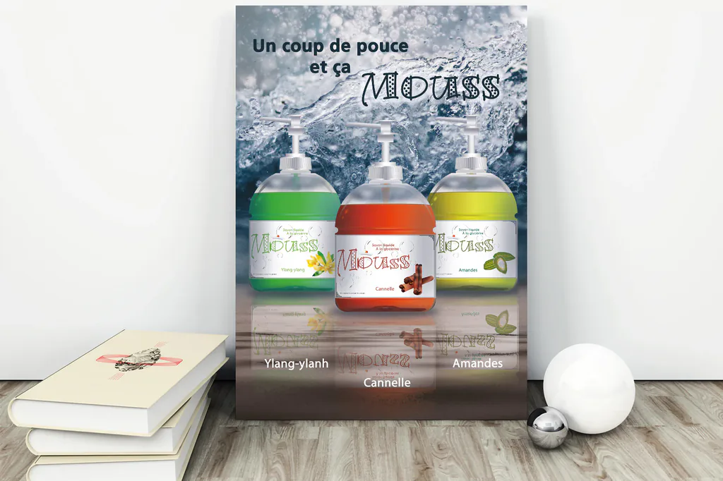 Affiche du savon liquide Mouss : trois flacons parfumés ylang-ylang, cannelle et amande