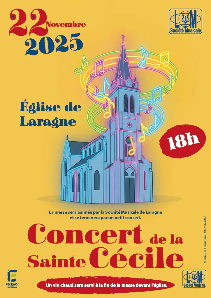 Affiche du concert de la Sainte-Cécile, 22 novembre 2025, église de Laragne illustrée en couleurs