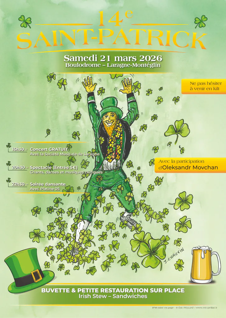 Affiche de la 14e Saint-Patrick à Laragne-Montéglin, 21 mars 2026 : lutin et trèfles verts