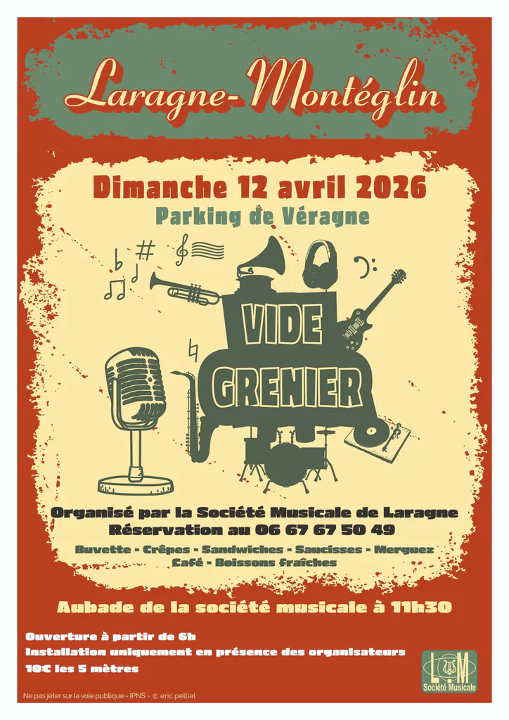 Affiche du vide-grenier de Laragne-Montéglin, dimanche 12 avril 2026, instruments de musique dessinés