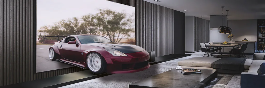 Bandeau photomontage : voiture de sport sortant d’un écran dans un salon