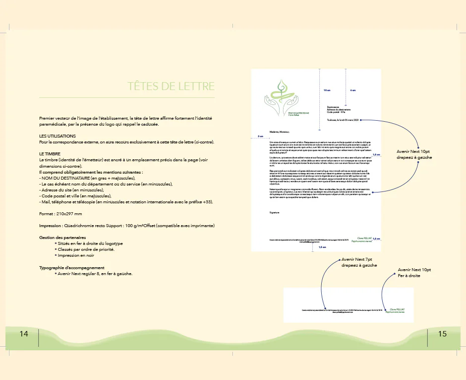 Charte graphique d’une psychomotricienne : double page sur le papier à en-tête