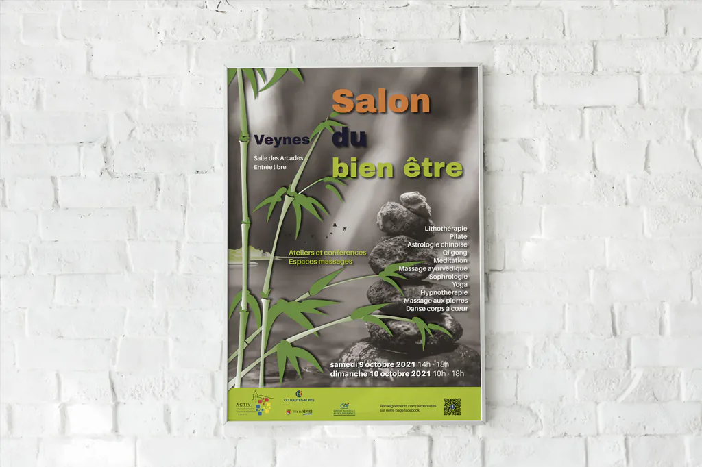 Affiche du salon du bien-être de Veynes, bambous et galets zen, sur un mur de briques blanches