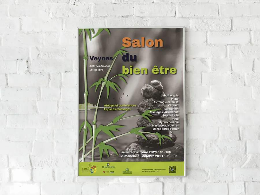 Affiche du salon du bien-être de Veynes, bambous et galets zen, sur un mur de briques blanches
