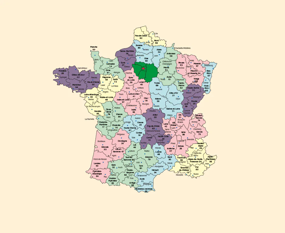 Carte de France des départements en dessin vectoriel