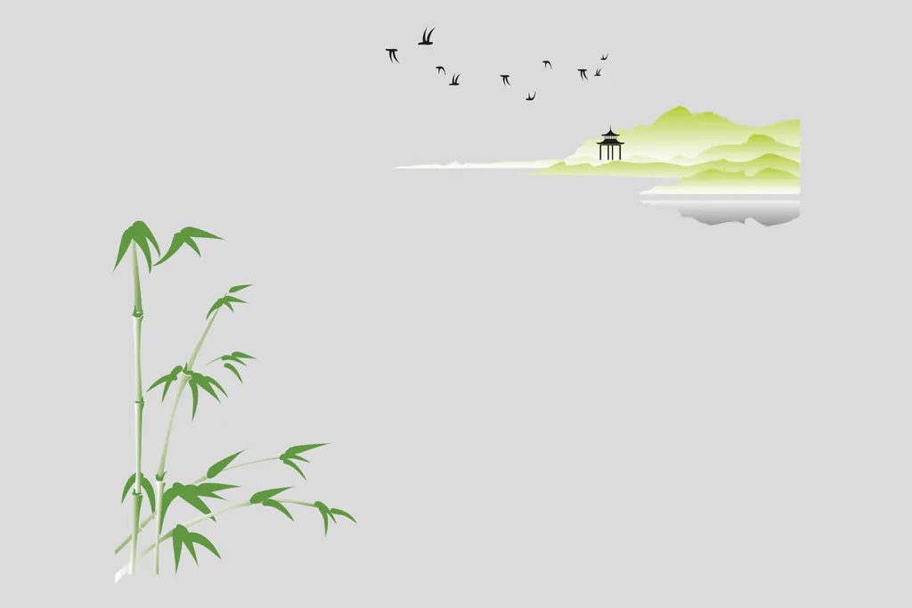 Décor vectoriel zen : bambous, collines vertes et vol d’oiseaux
