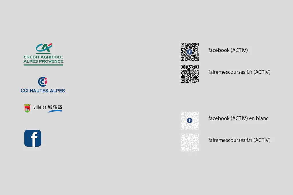 Logos des partenaires de l’association ACTIV (Crédit Agricole, CCI Hautes-Alpes, Ville de Veynes) et QR codes