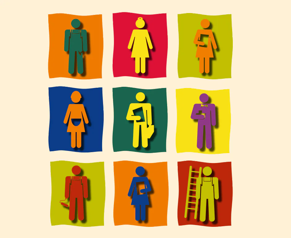 Neuf pictogrammes de personnages et de métiers sur des carrés de couleurs vives