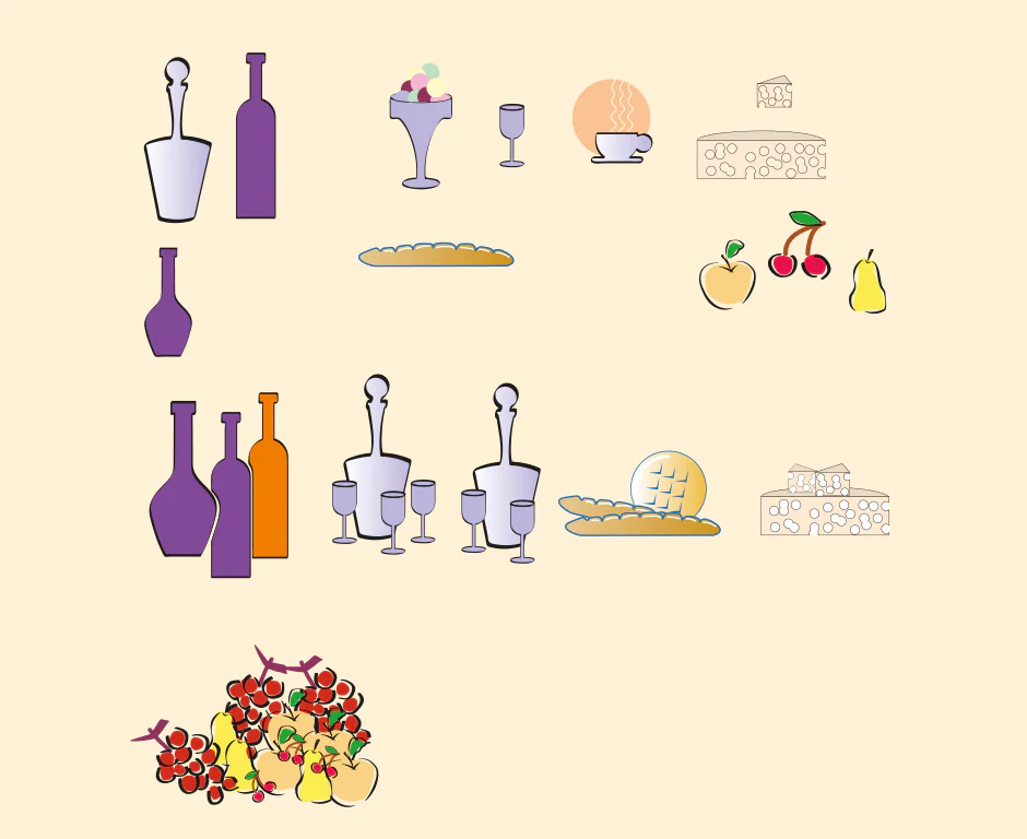 Petits dessins vectoriels : bouteilles, fruits, objets