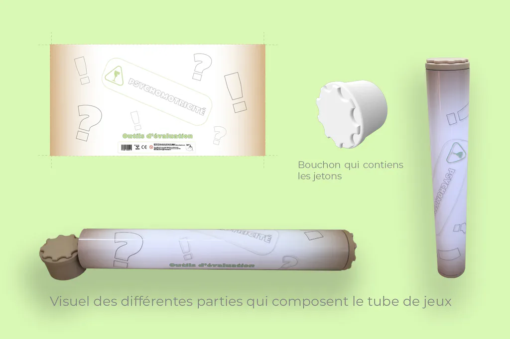 Tube de jeu en carton : visuel des éléments qui le composent (étiquette, bouchon, jetons)