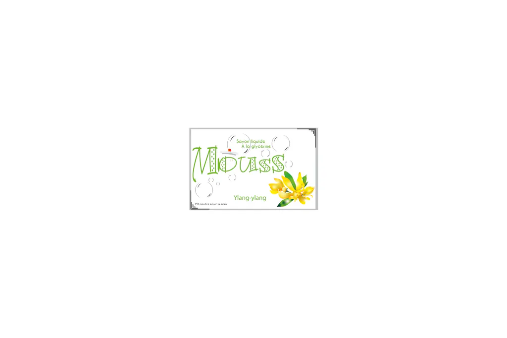 Étiquette du savon liquide Mouss à l’ylang-ylang, décor de fleurs jaunes
