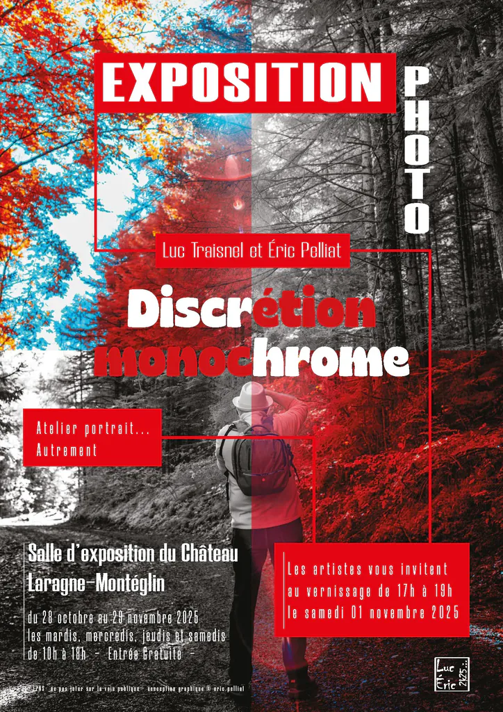 Affiche de l’exposition photo « Discrétion monochrome » de Luc Traisnel et Éric Pelliat, château de Laragne-Montéglin