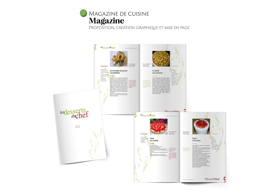 Magazine de cuisine « Les desserts du chef » : couverture et doubles pages intérieures