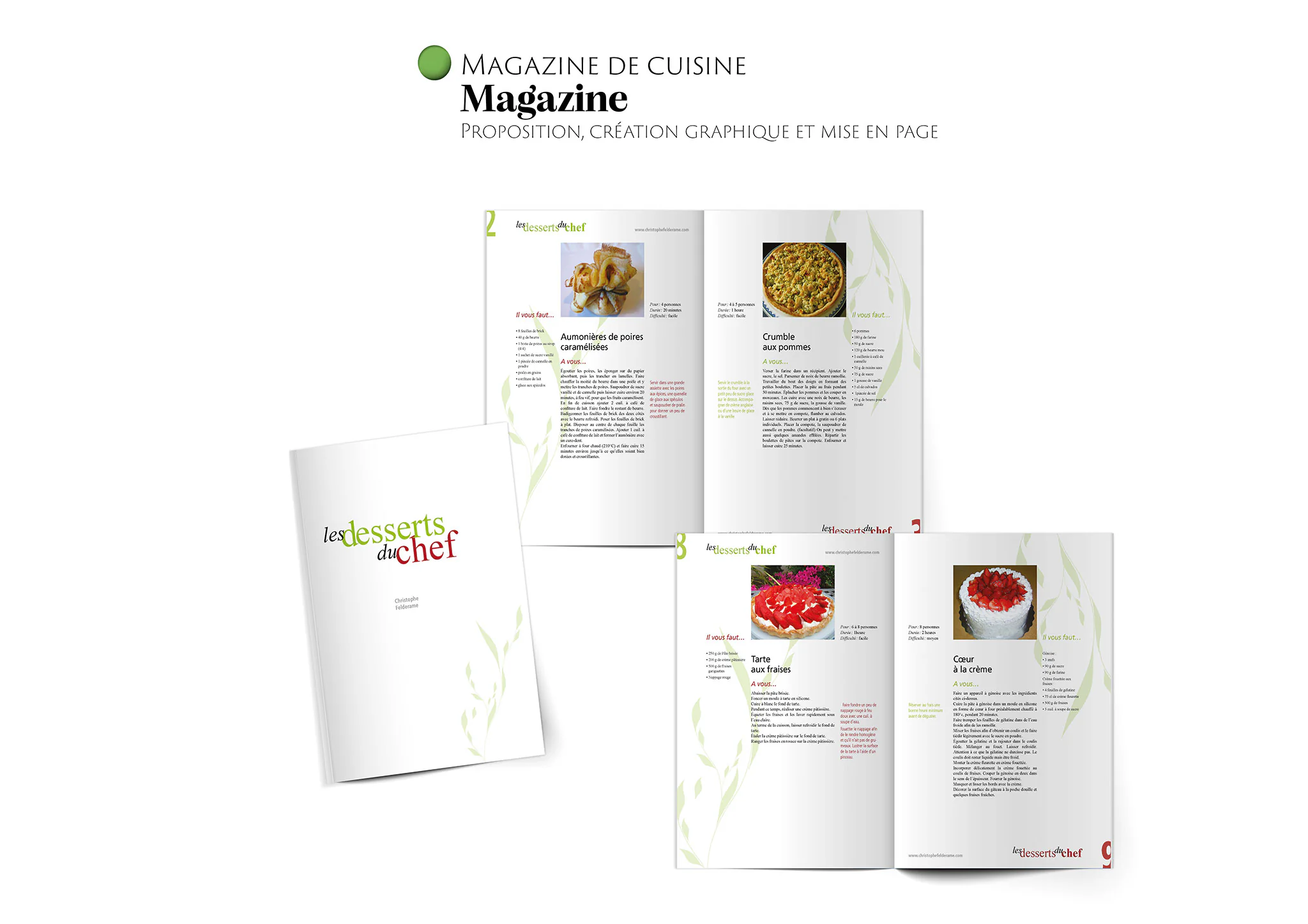 Magazine de cuisine « Les desserts du chef » : couverture et doubles pages intérieures