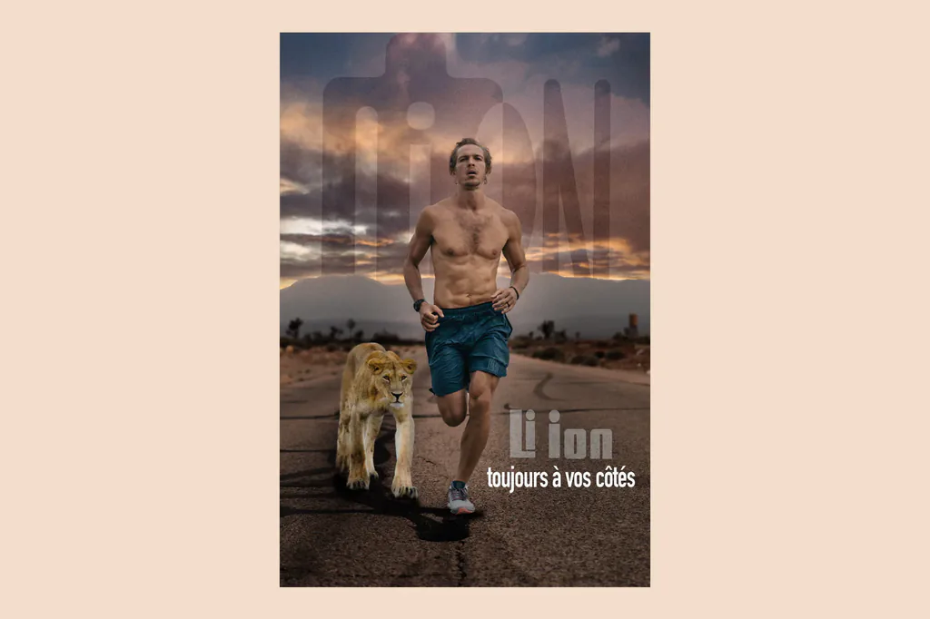 Photomontage Li-ion, lion et slogan « toujours à vos côtés »