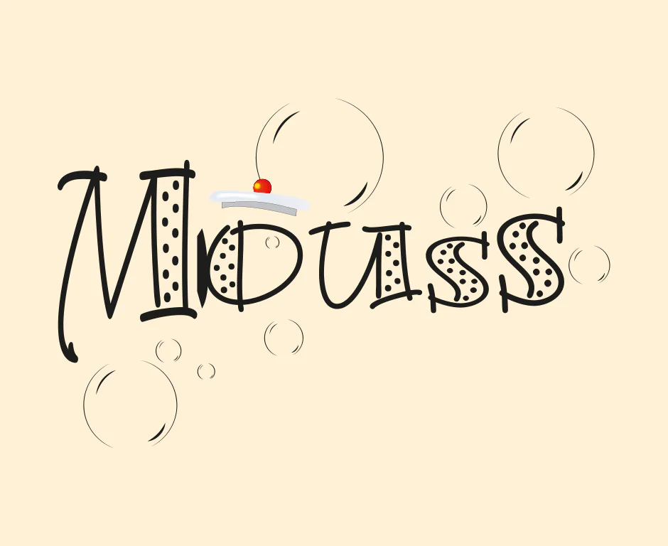 Logo du savon liquide Mouss, lettrage dessiné à la main et bulles de savon