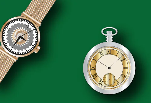Montre-bracelet et montre à gousset dorées en dessin vectoriel, sur fond vert