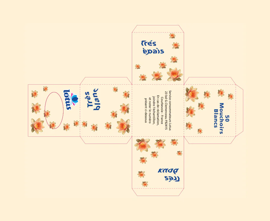 Plan de découpe d’un étui décoré de fleurs de lotus