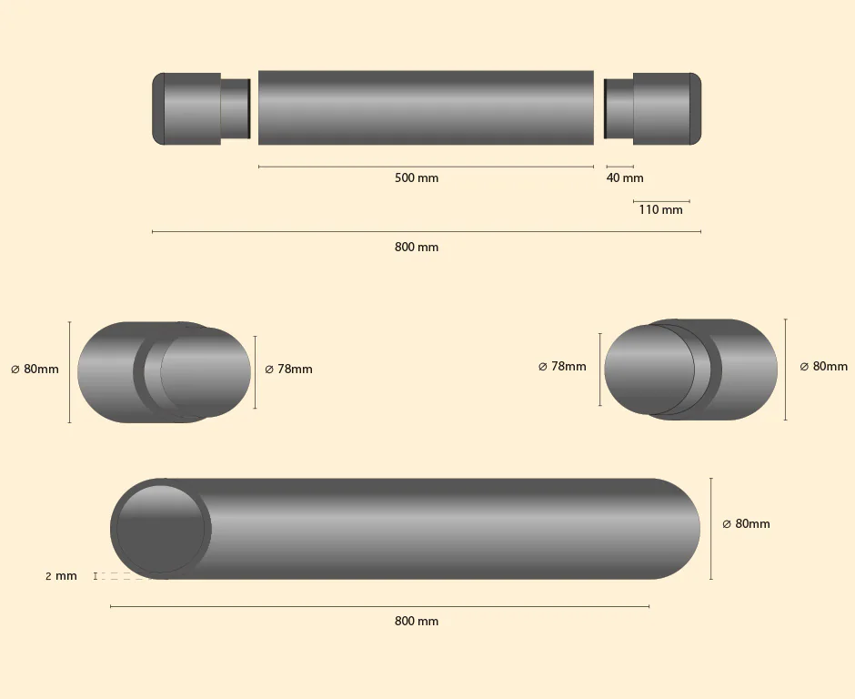 Tube et bouchons de jeu, plan technique