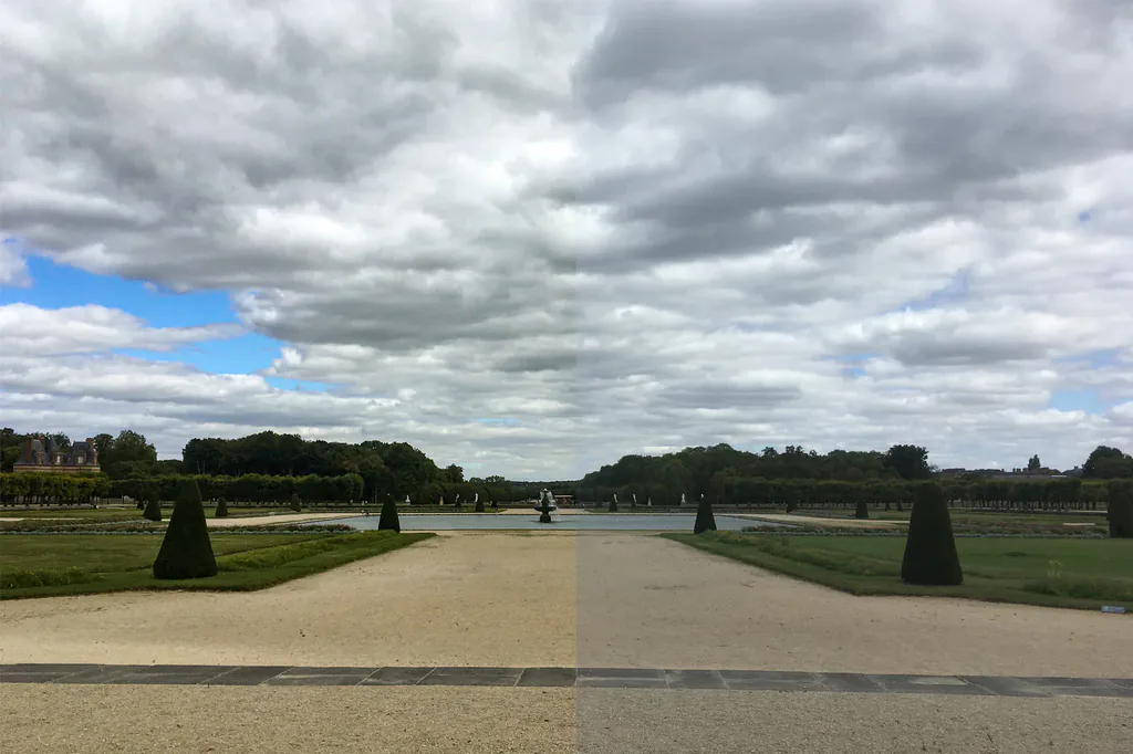 Retouche photo avant et après : parc à la française sous un ciel nuageux