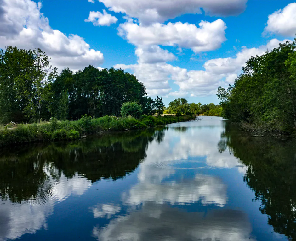 Rivière miroir reflétant les nuages et les arbres