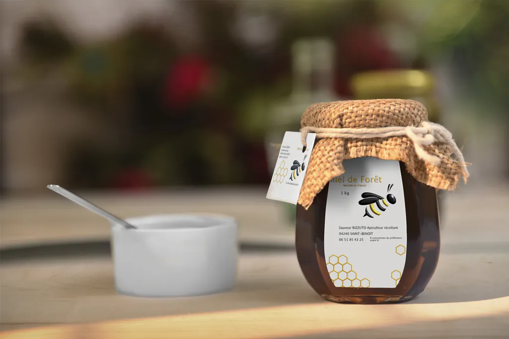 Pot de miel et cuillère, photographie produit