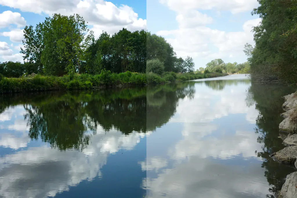 Retouche photo avant et après : rivière miroir reflétant les arbres et les nuages