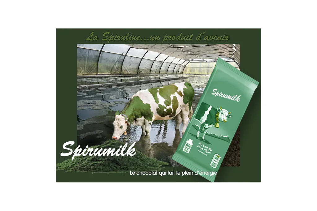Visuel publicitaire Spirumilk : vache dans une serre de spiruline et sachet de chocolat en poudre