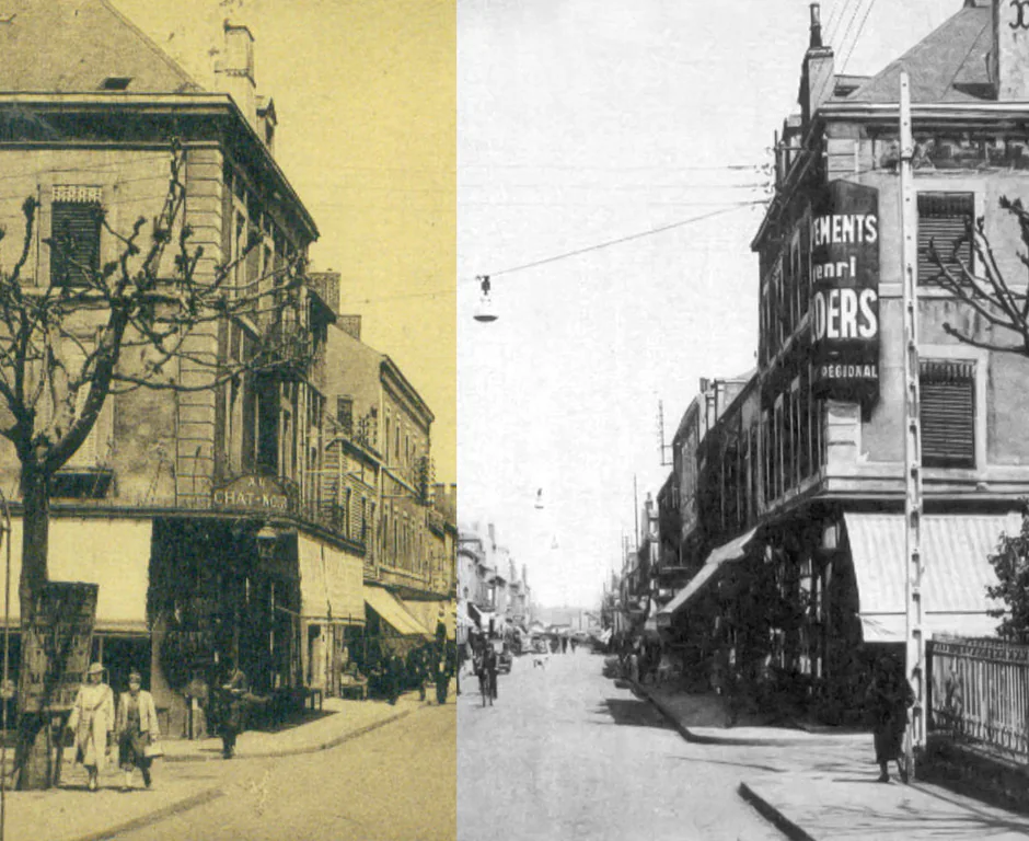 Restauration d’une carte postale ancienne : rue commerçante d’une ville, avant et après